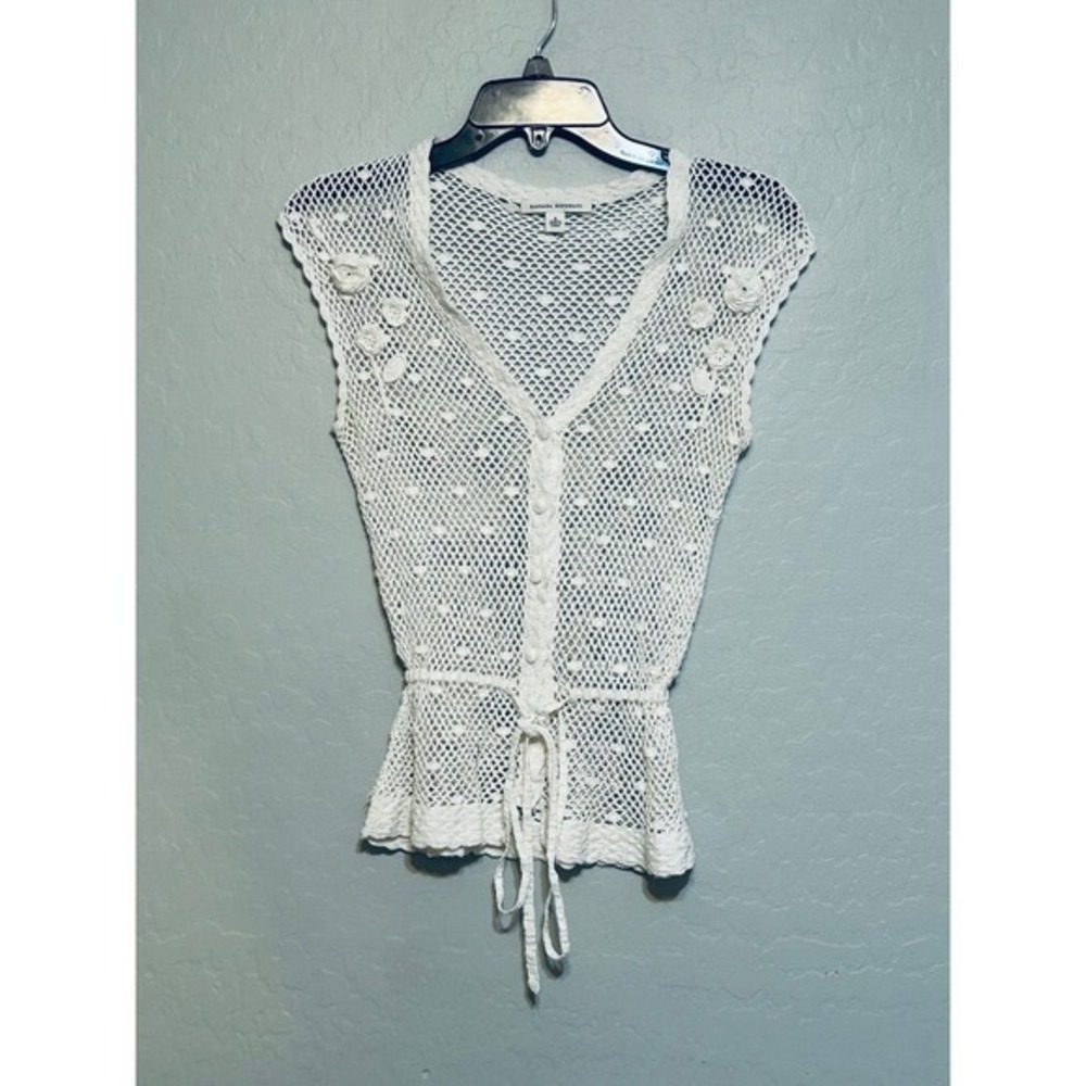 Crochet knit button up white tie waist, cottagecore, spring, summer size small